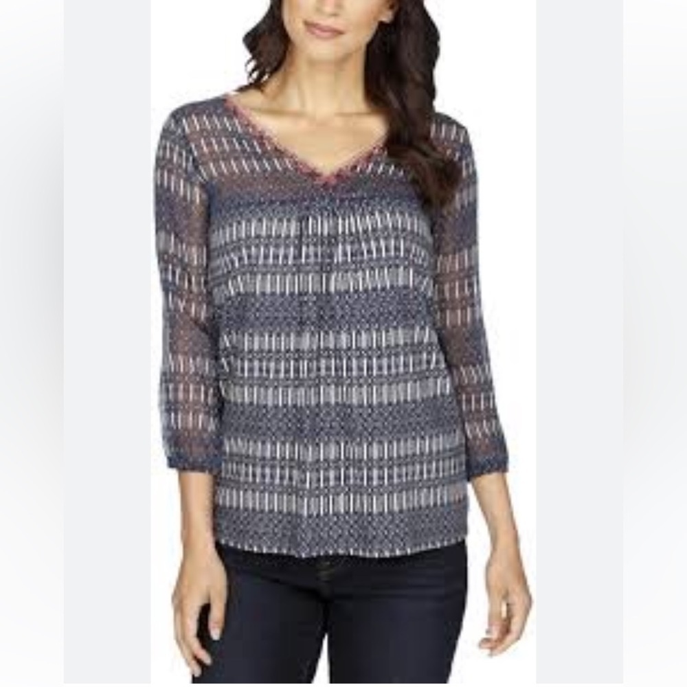 Lucky brand NWT blue tribal print‎ v neck blouse with embroidered detail sz XL
